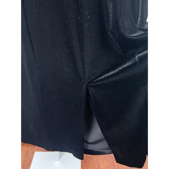 90s Black Maxi Velour Velvet Short Sleeve Back Slit Shift Dress XL - Picture 3 of 7